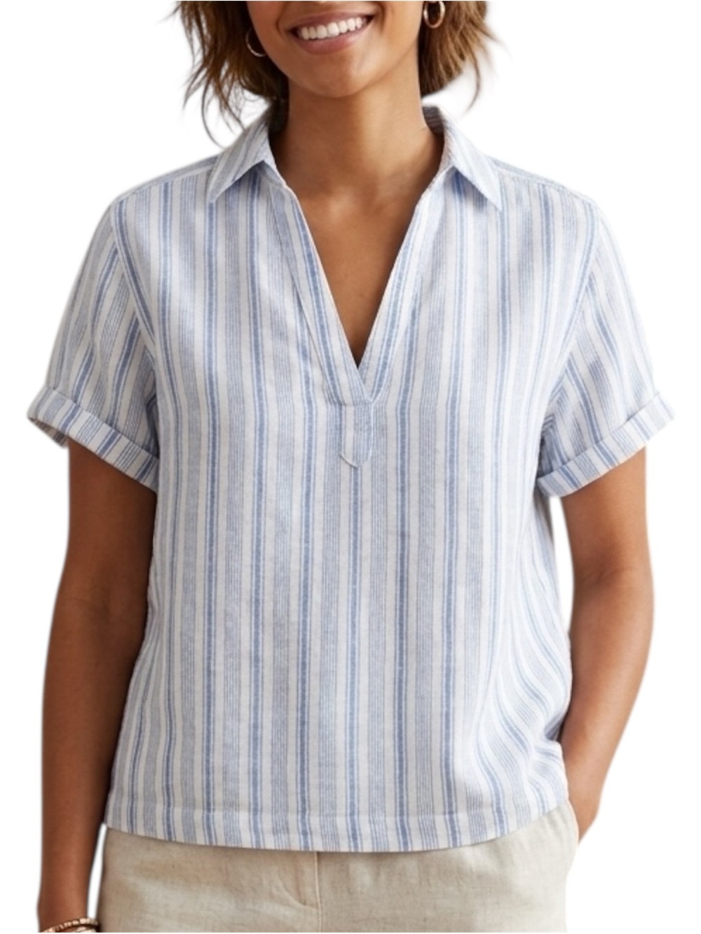 Casual Blue Stripe V-Neck Women's Top